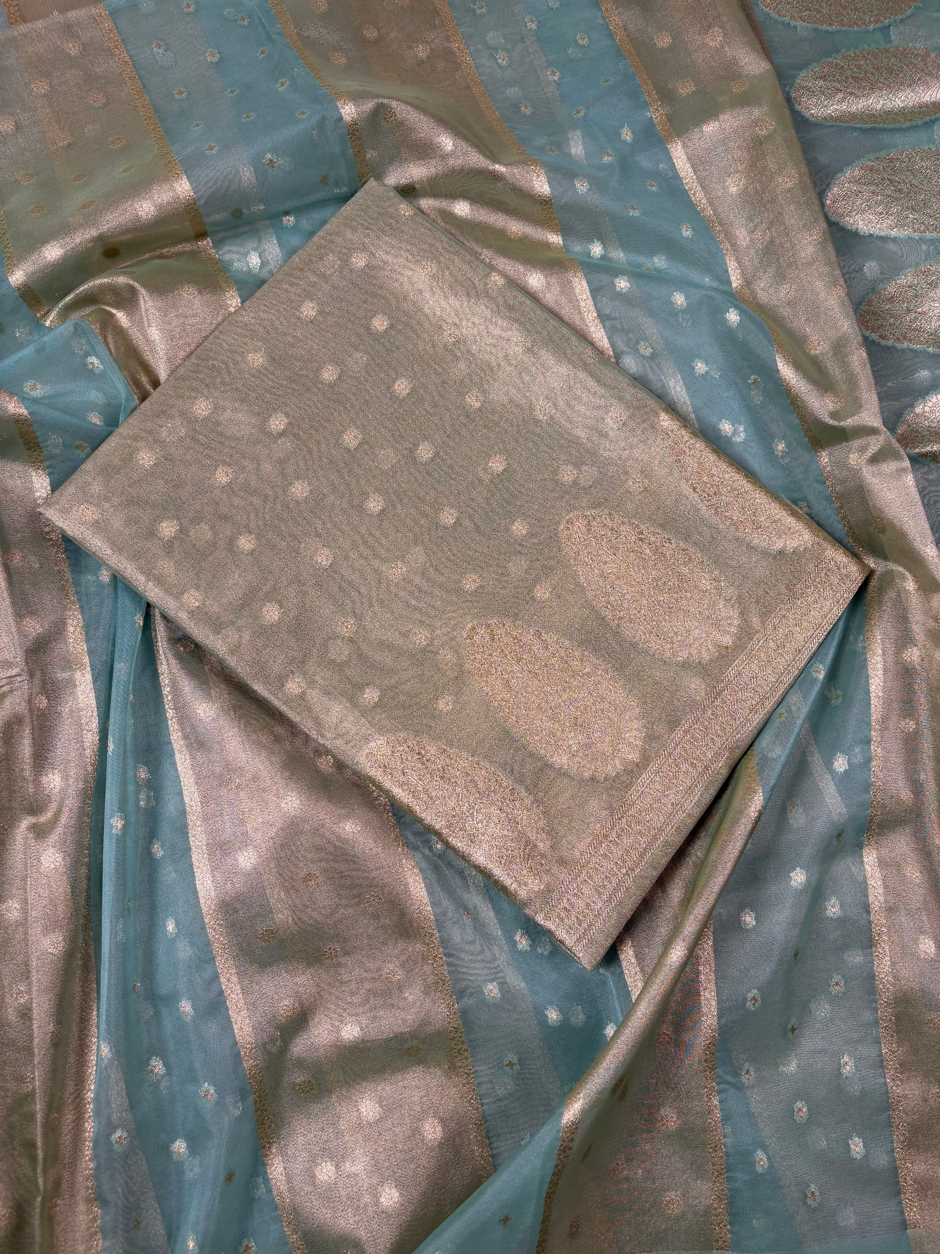 Pista Green Banarasi Soft Tissue Silk Suit