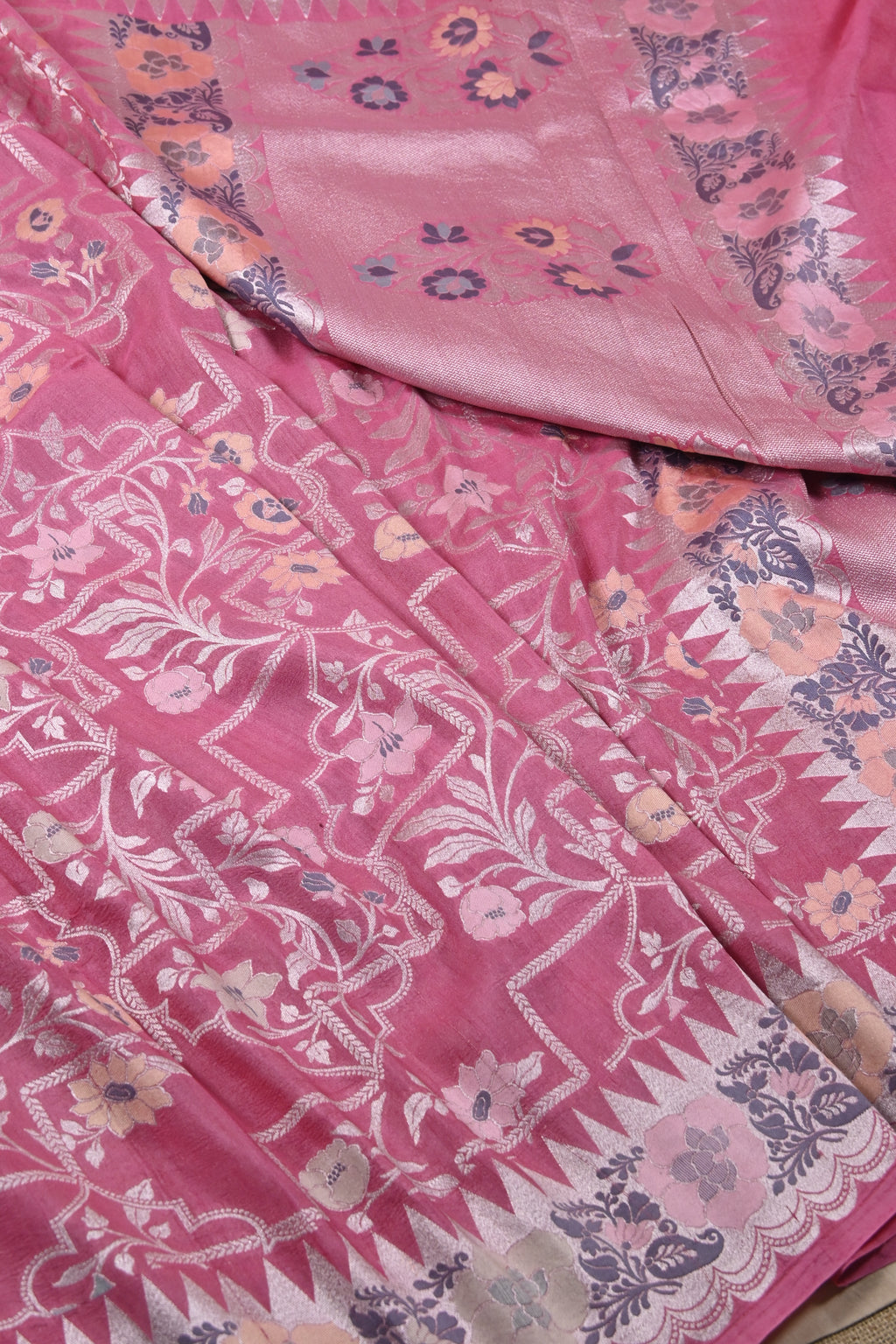 Hot Pink Pure Banarasi Tussar Georgette Silk Saree