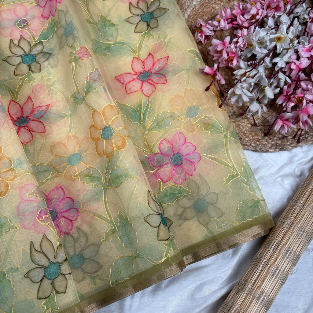 Yellow Banarasi Organza Silk Saree