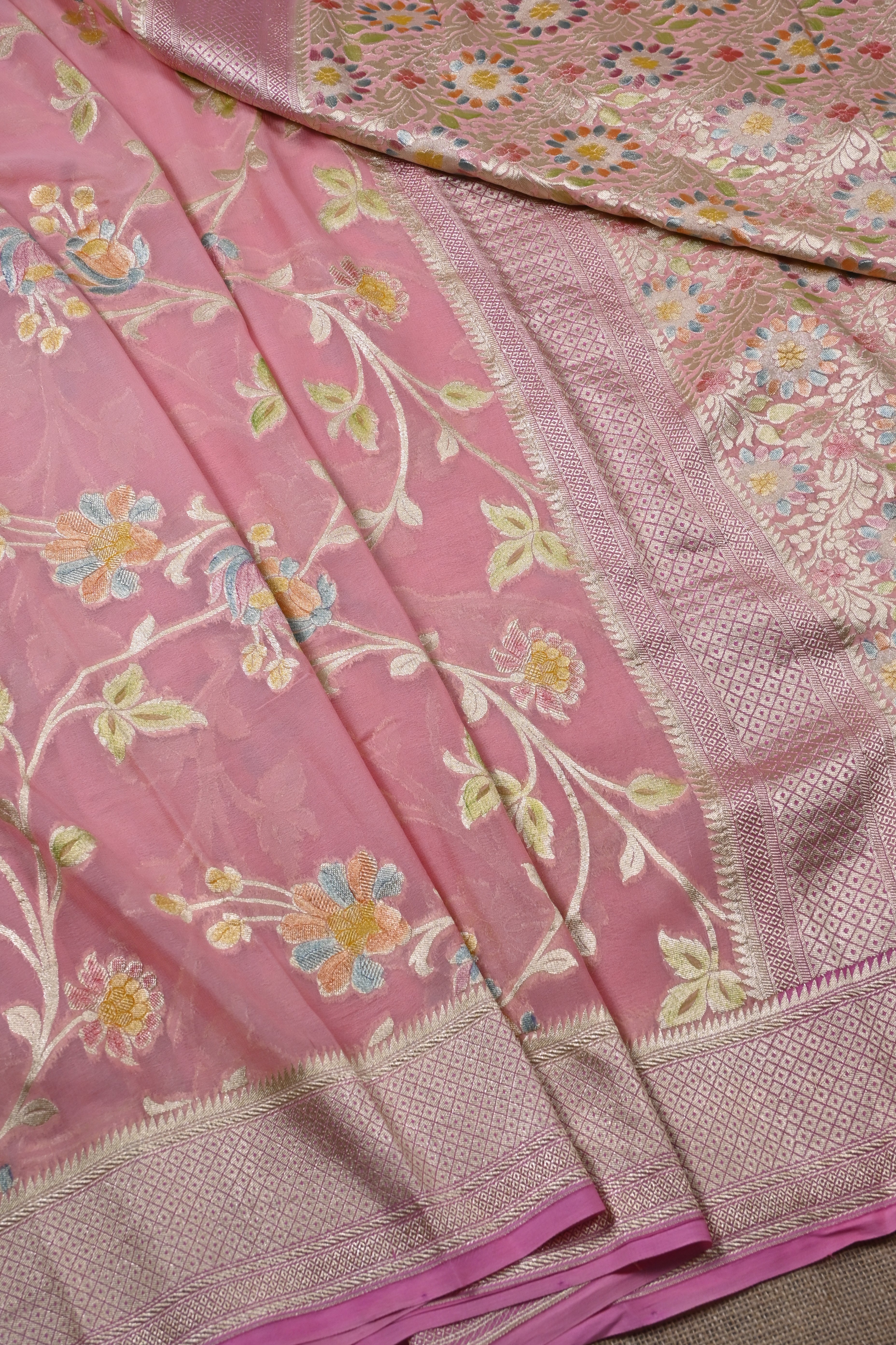 Peach Pure Banarasi Khaddi Georgette Silk Saree
