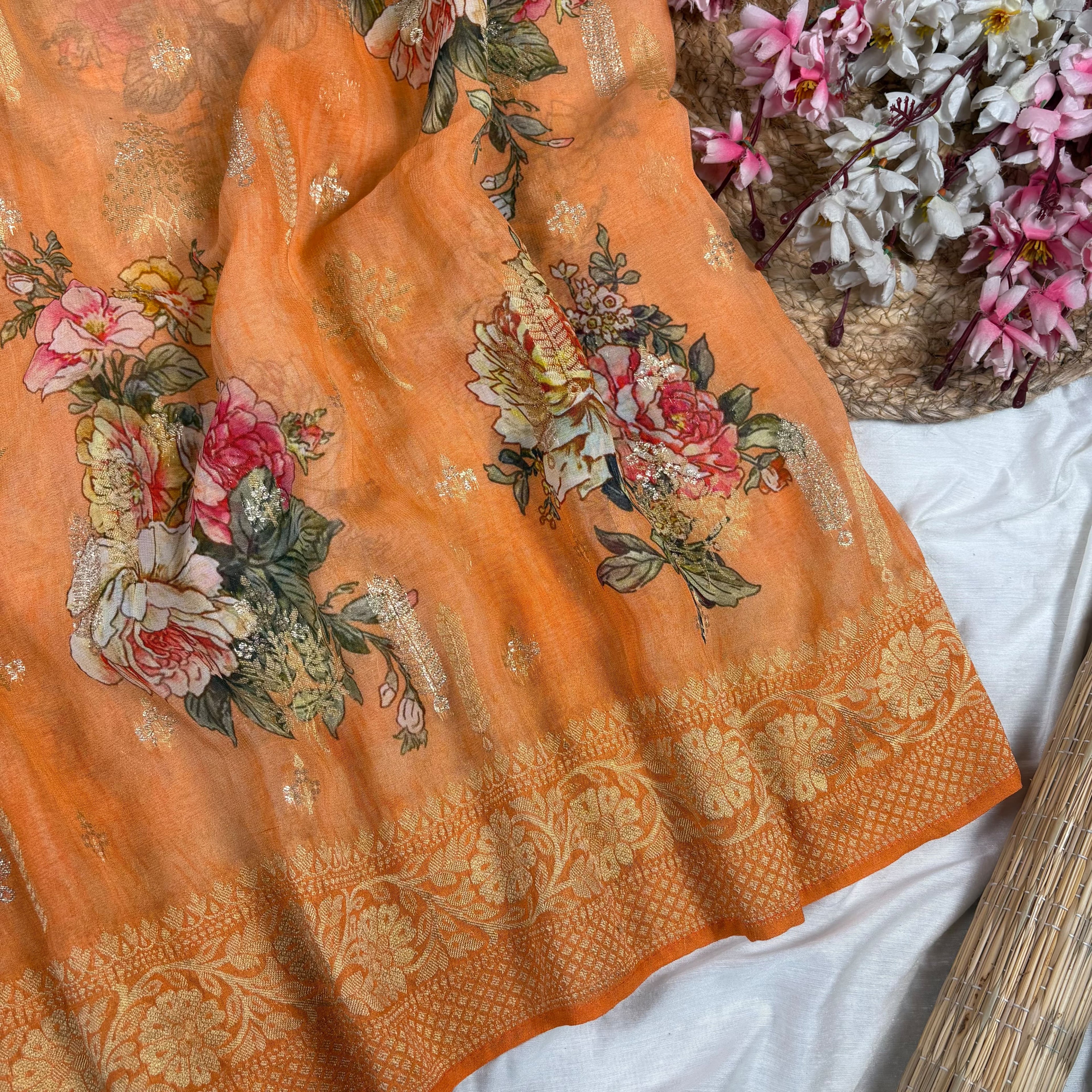 Orange Banarasi Khaddi Georgette Silk Saree