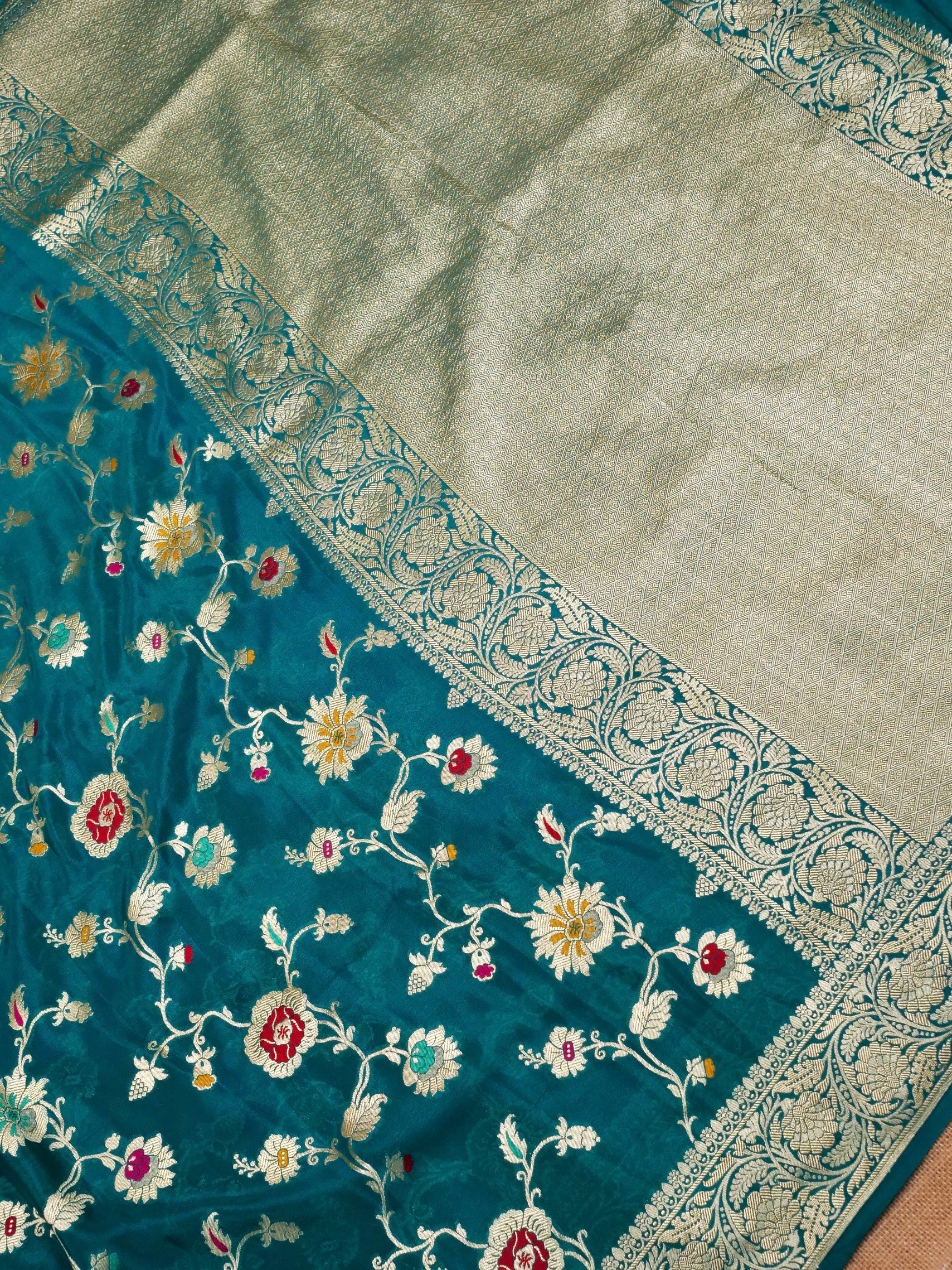 Handwoven Turquoise Blue Banarasi Khaddi Silk Saree