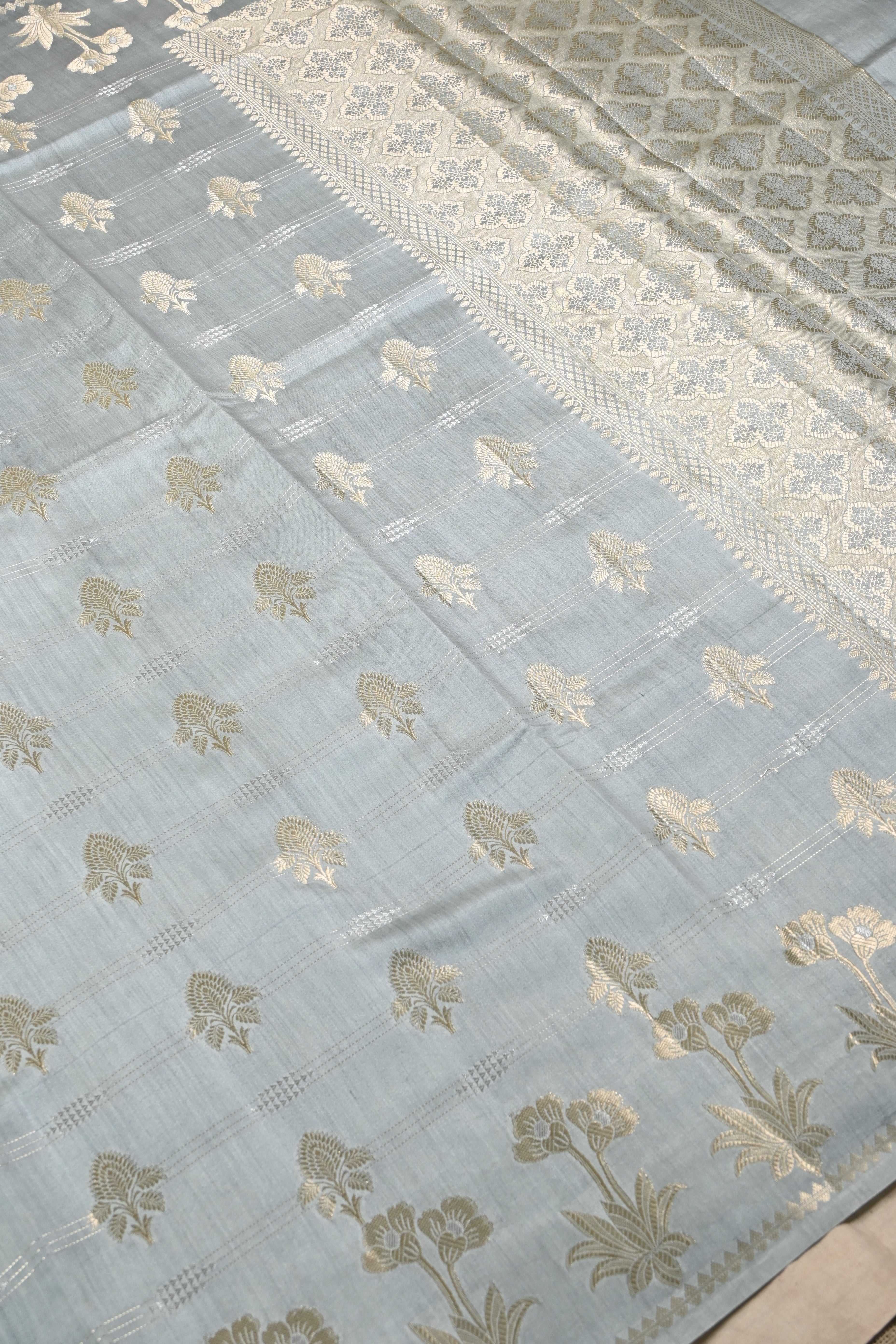 Grey Pure Banarasi Moonga Silk Saree