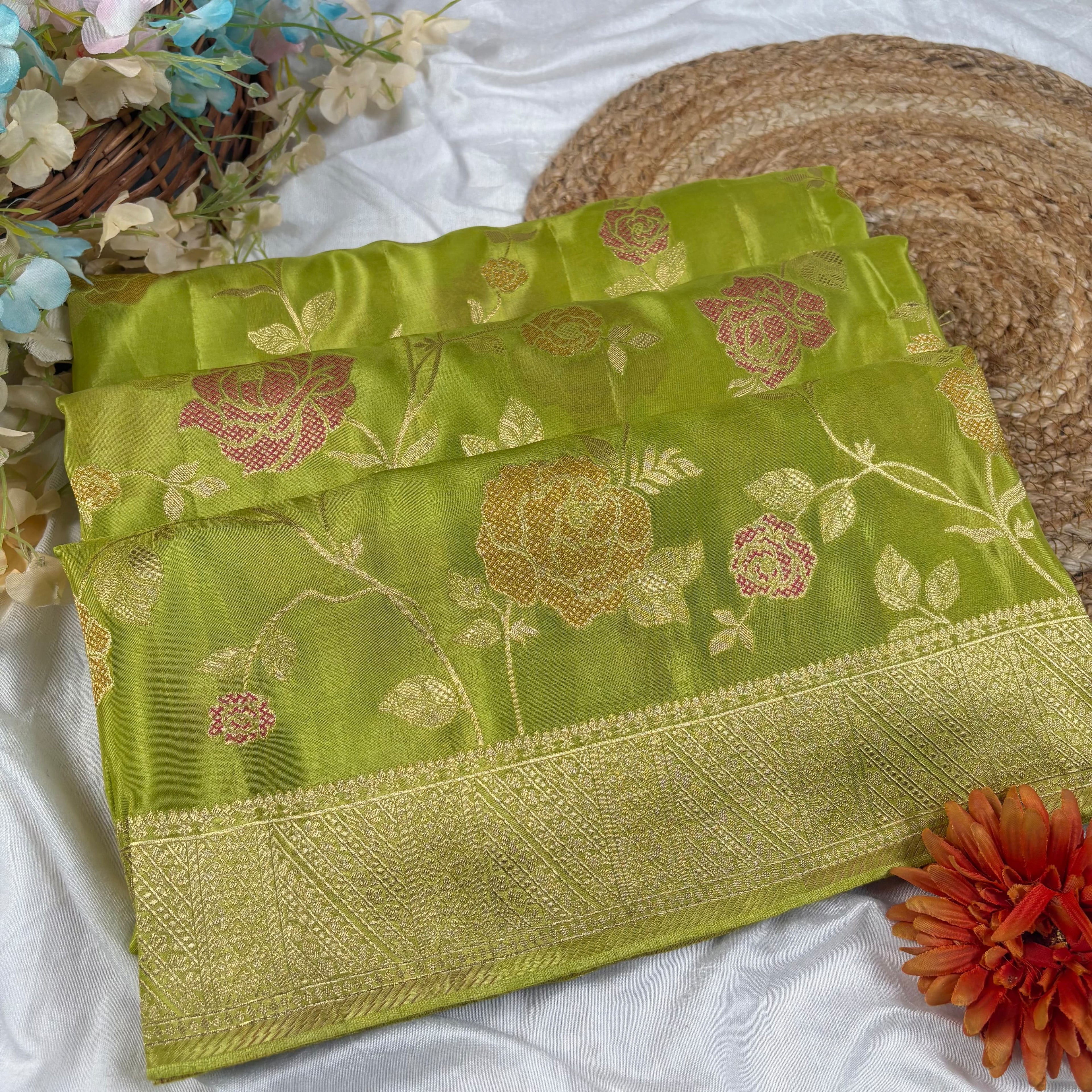 Mahendi Green Banarasi Mashru Satin Silk Saree