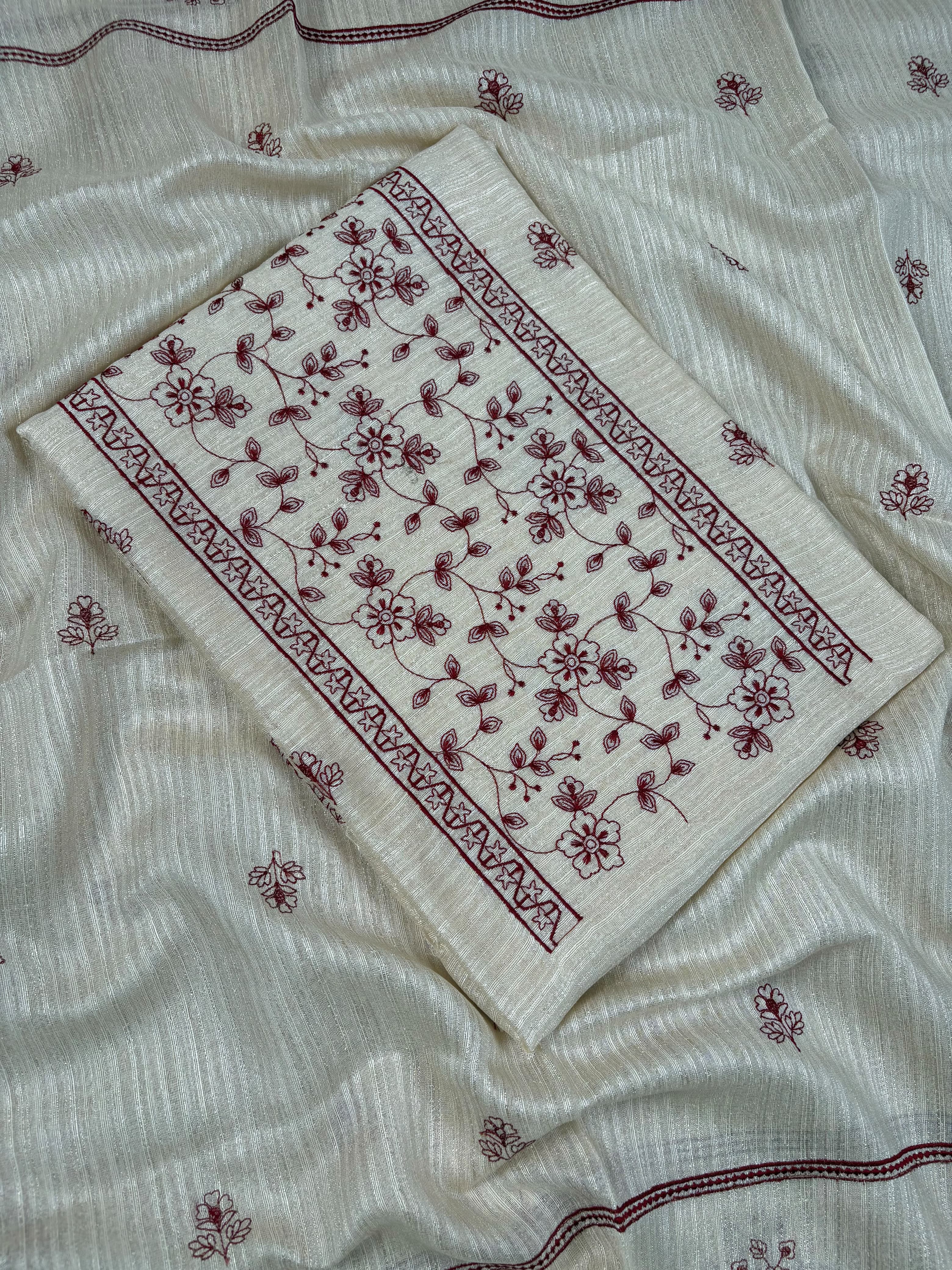 Off White Banarasi Tussar Ghicha Silk Suit