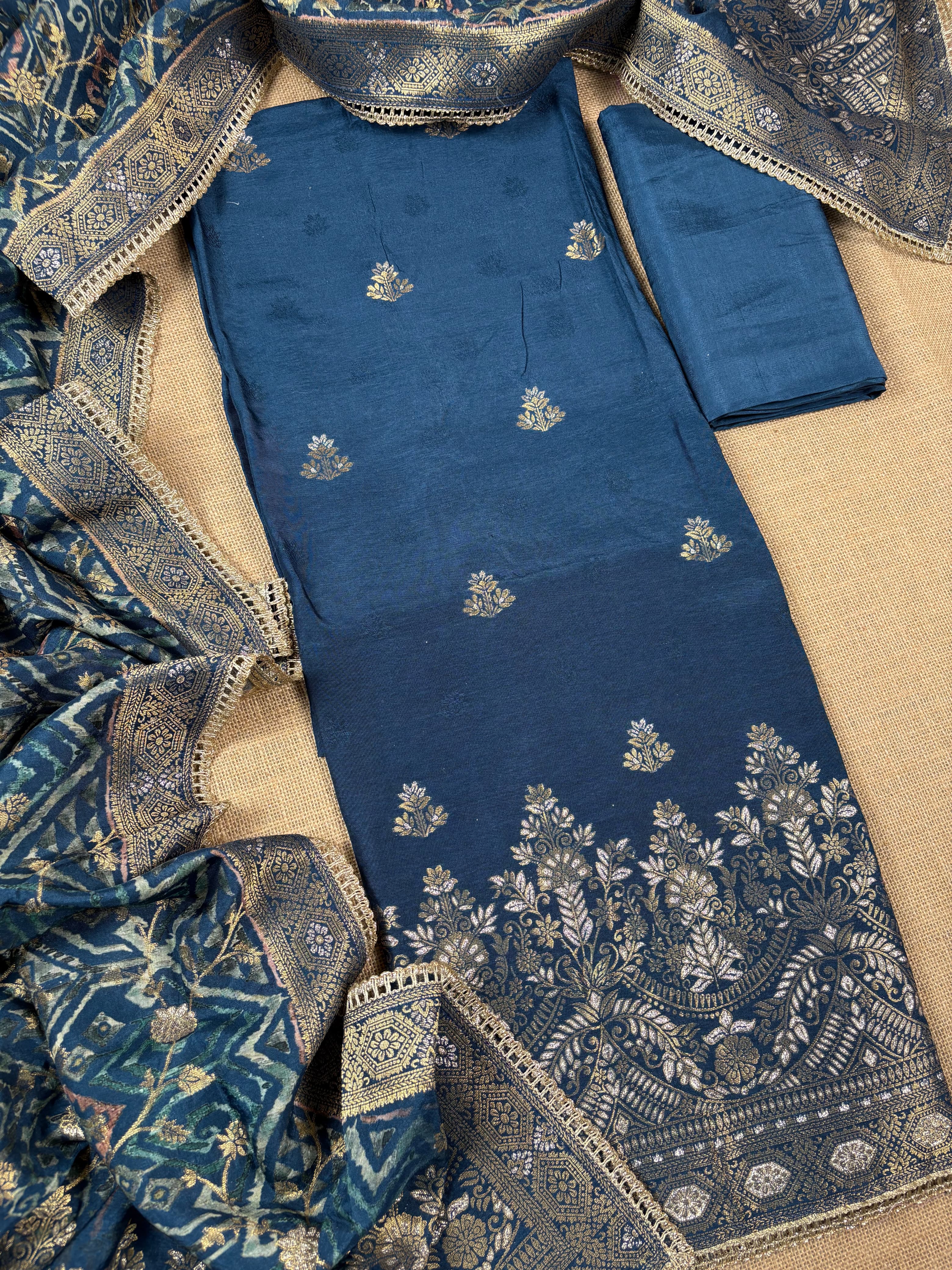Navy Blue Banarasi Kora Tissue Suit