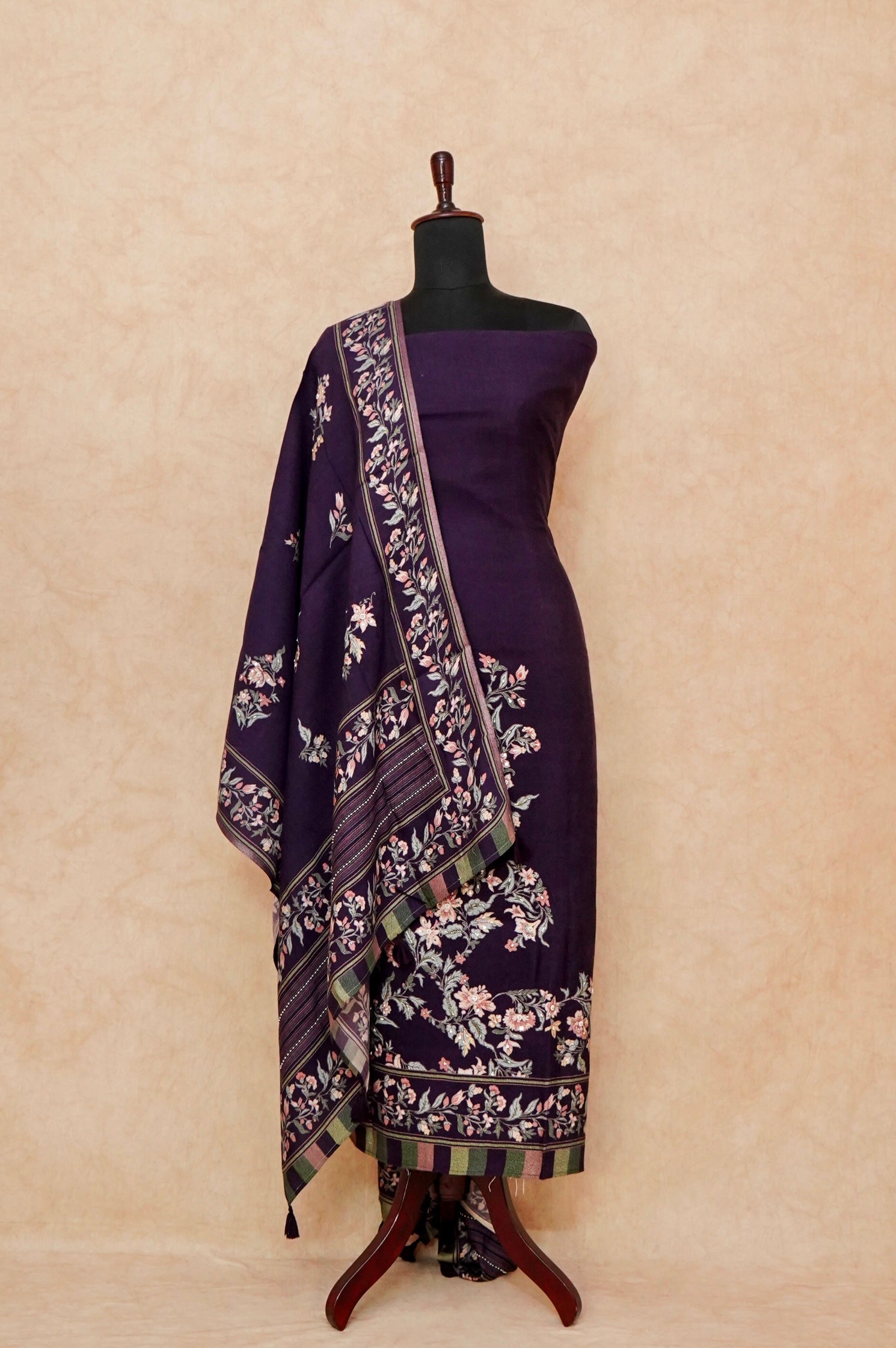 Handwoven Deep Purple Pashmina Silk Suit