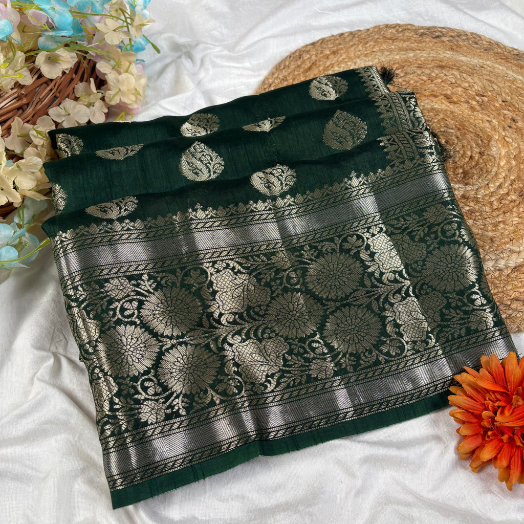 Bottle Green Banarasi Katan Chanderi Silk Saree