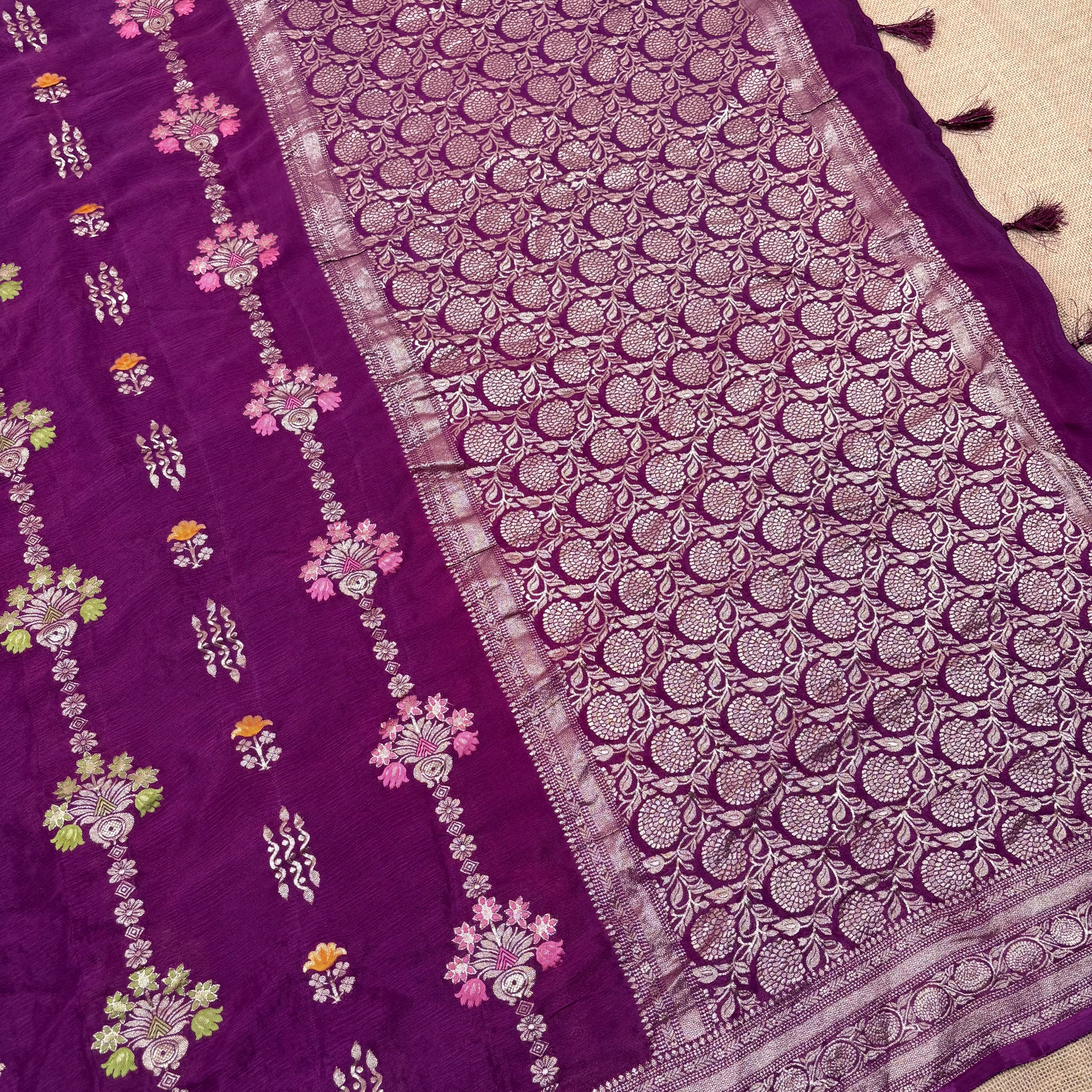 Wine Banarasi Chinon Georgette Silk Saree
