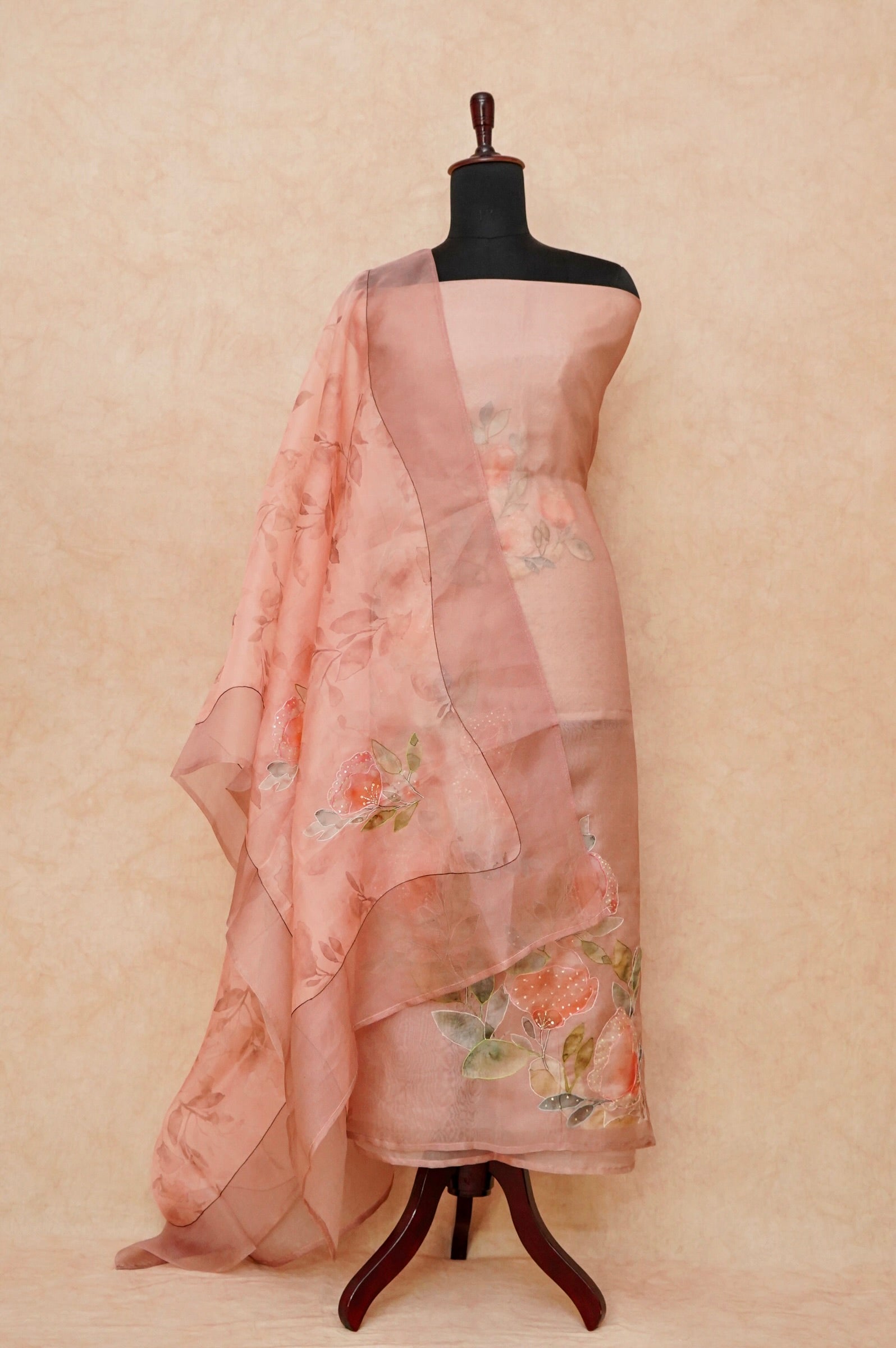 Handwoven Peach Banarasi Organza Silk Suit