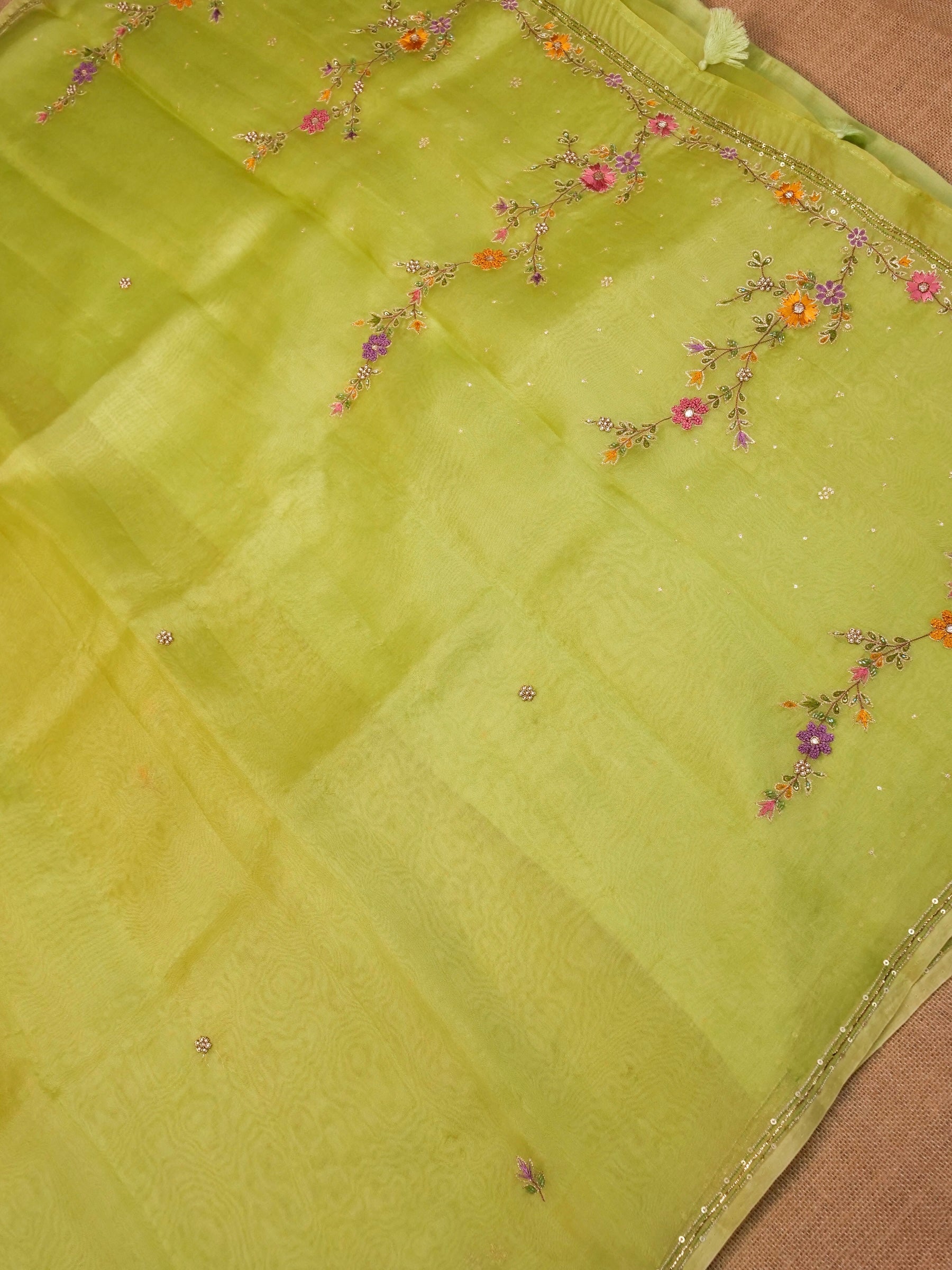Handwoven Lime Green Banarasi Organza Silk Saree
