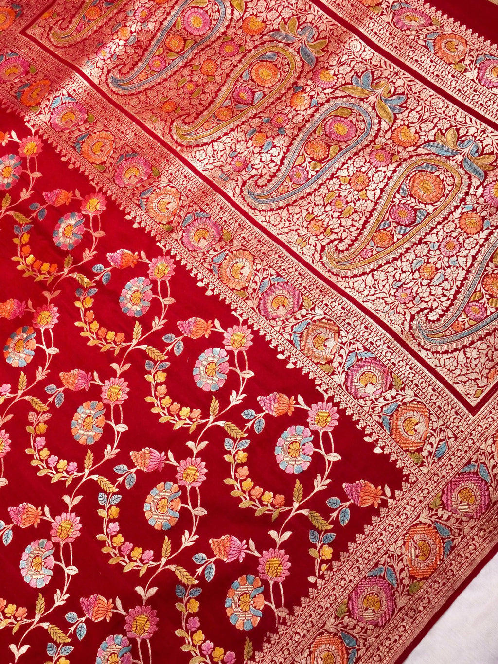 Handwoven Red Blue Banarasi Monga Silk Saree