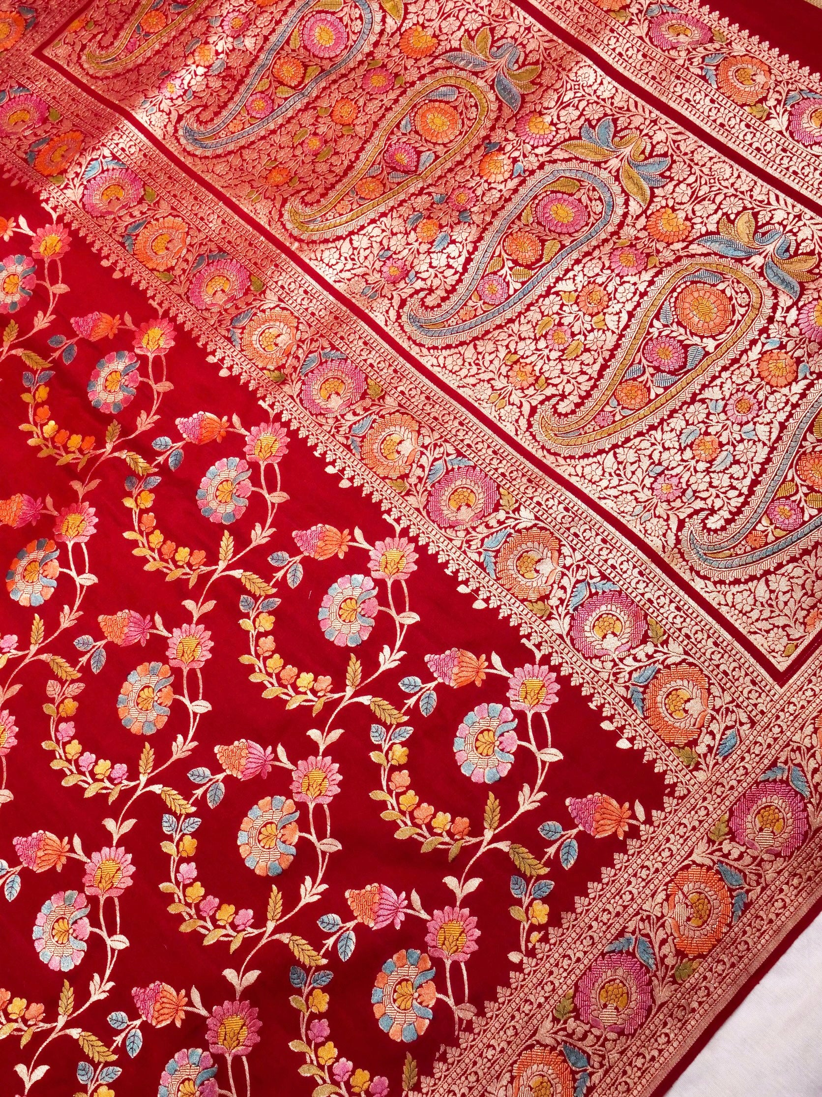 Handwoven Red Blue Banarasi Monga Silk Saree
