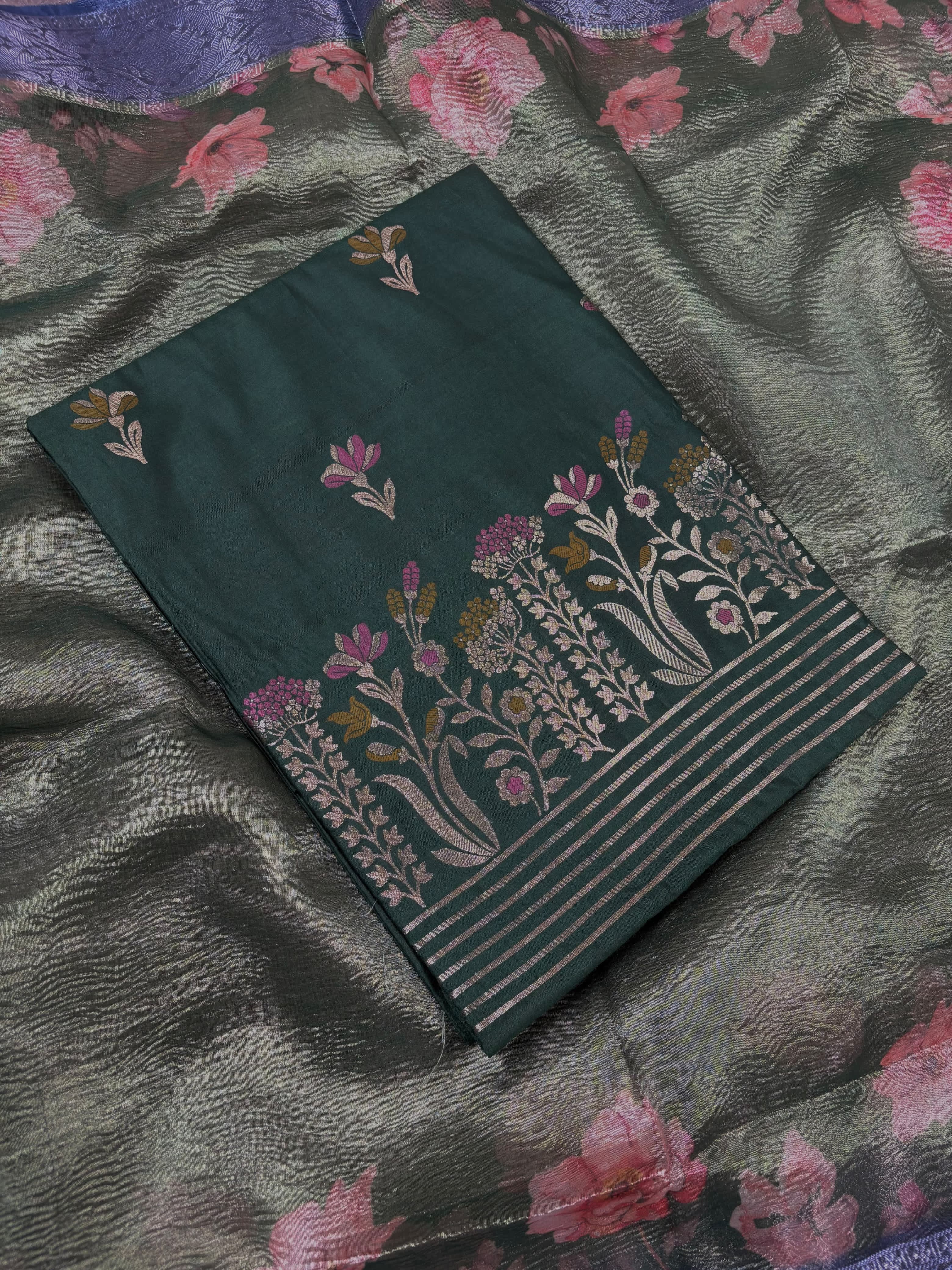 Bottle Green Banarasi Organza Silk Suit