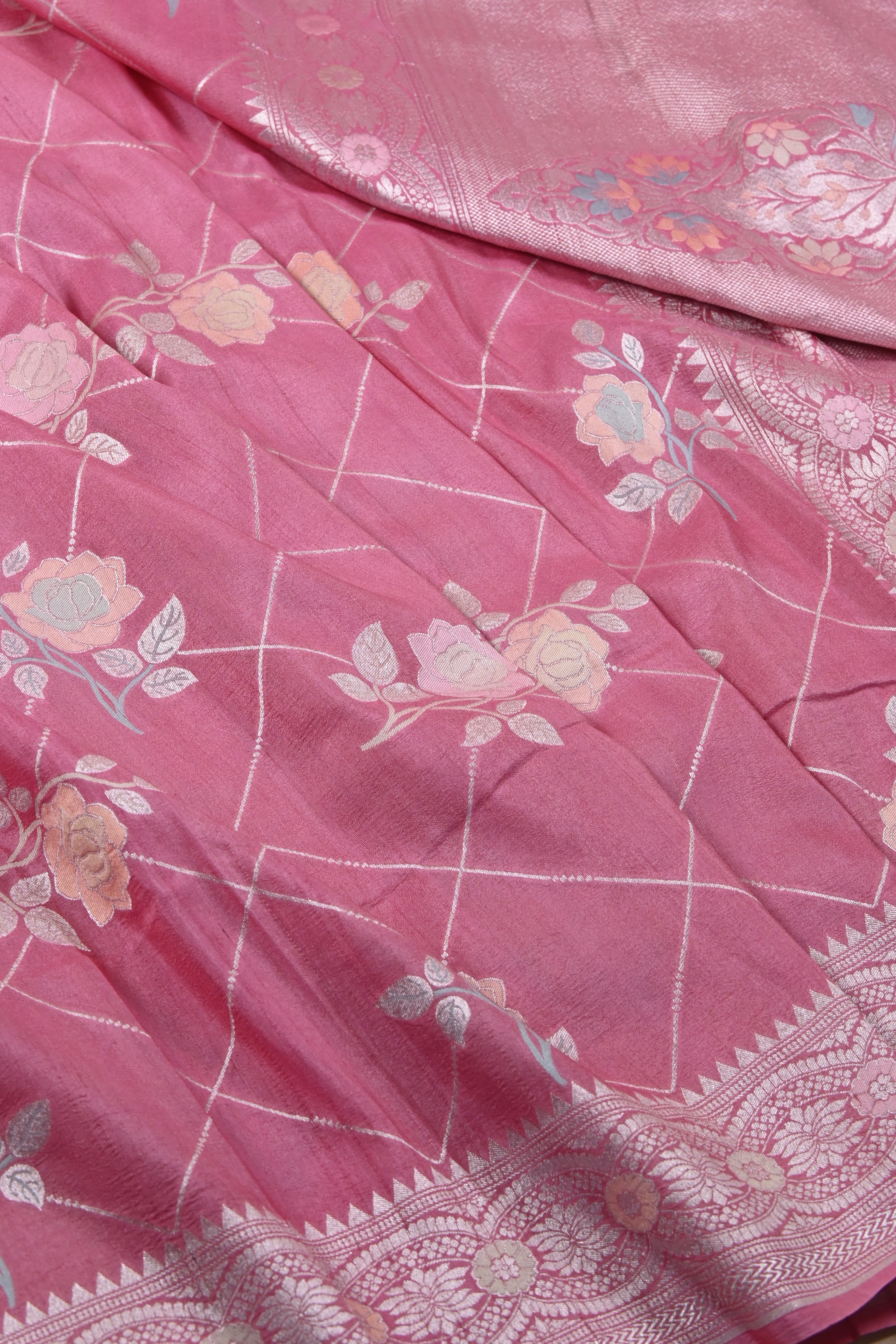 Hot Pink Pure Banarasi Tussar Georgette Silk Saree
