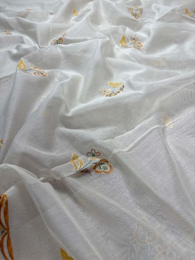White Banarasi Pure Mul-Mul Silk Suit