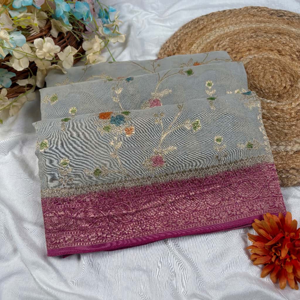 Grey Banarasi Viscose Georgette Silk Saree