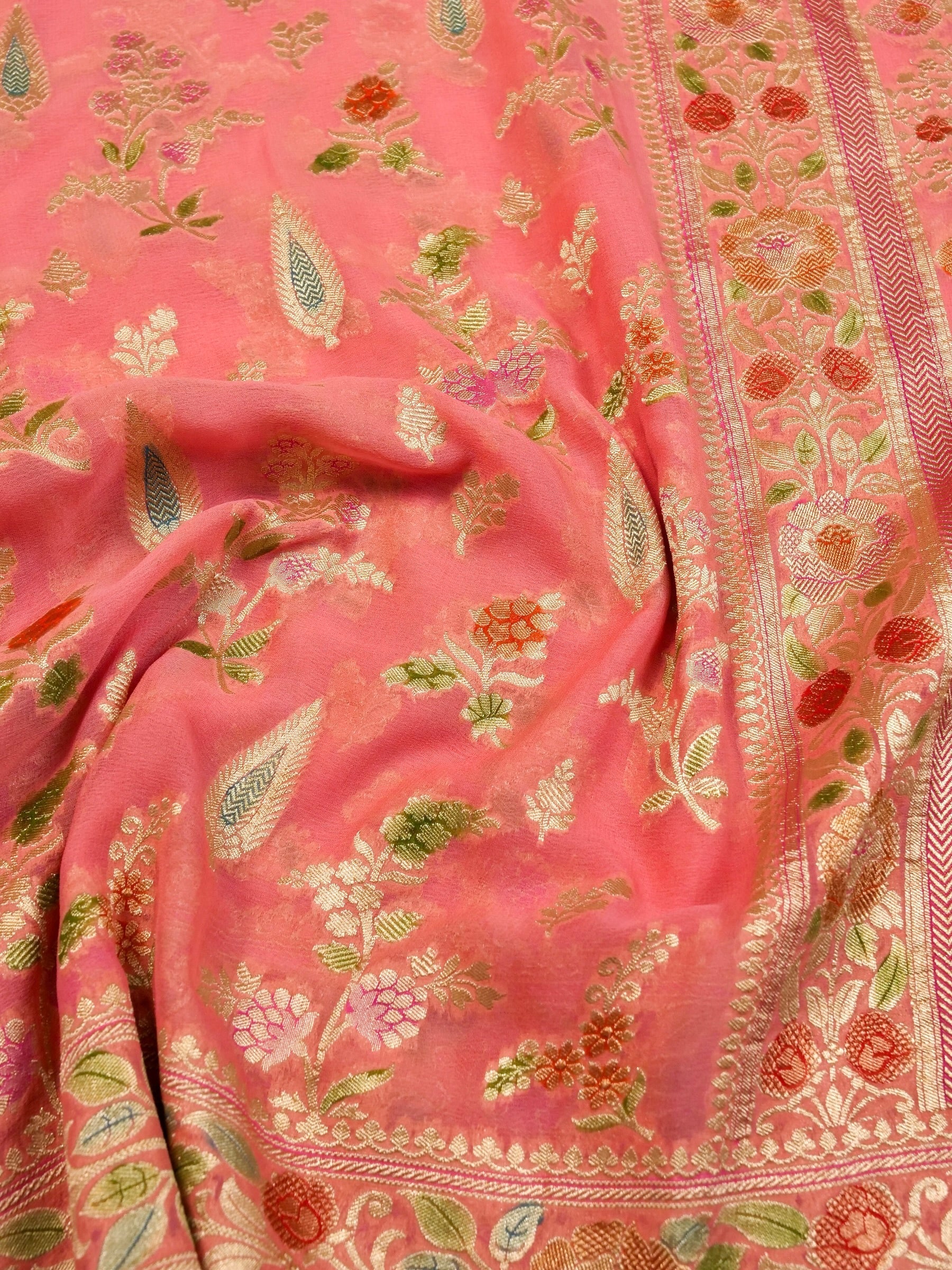 Handwoven Carrot Pink Banarasi Khaddi Silk Saree