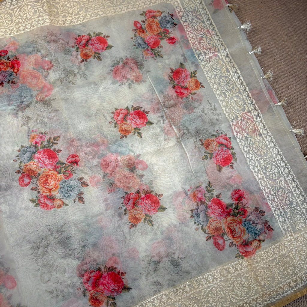 Cream Banarasi Organza Silk Saree