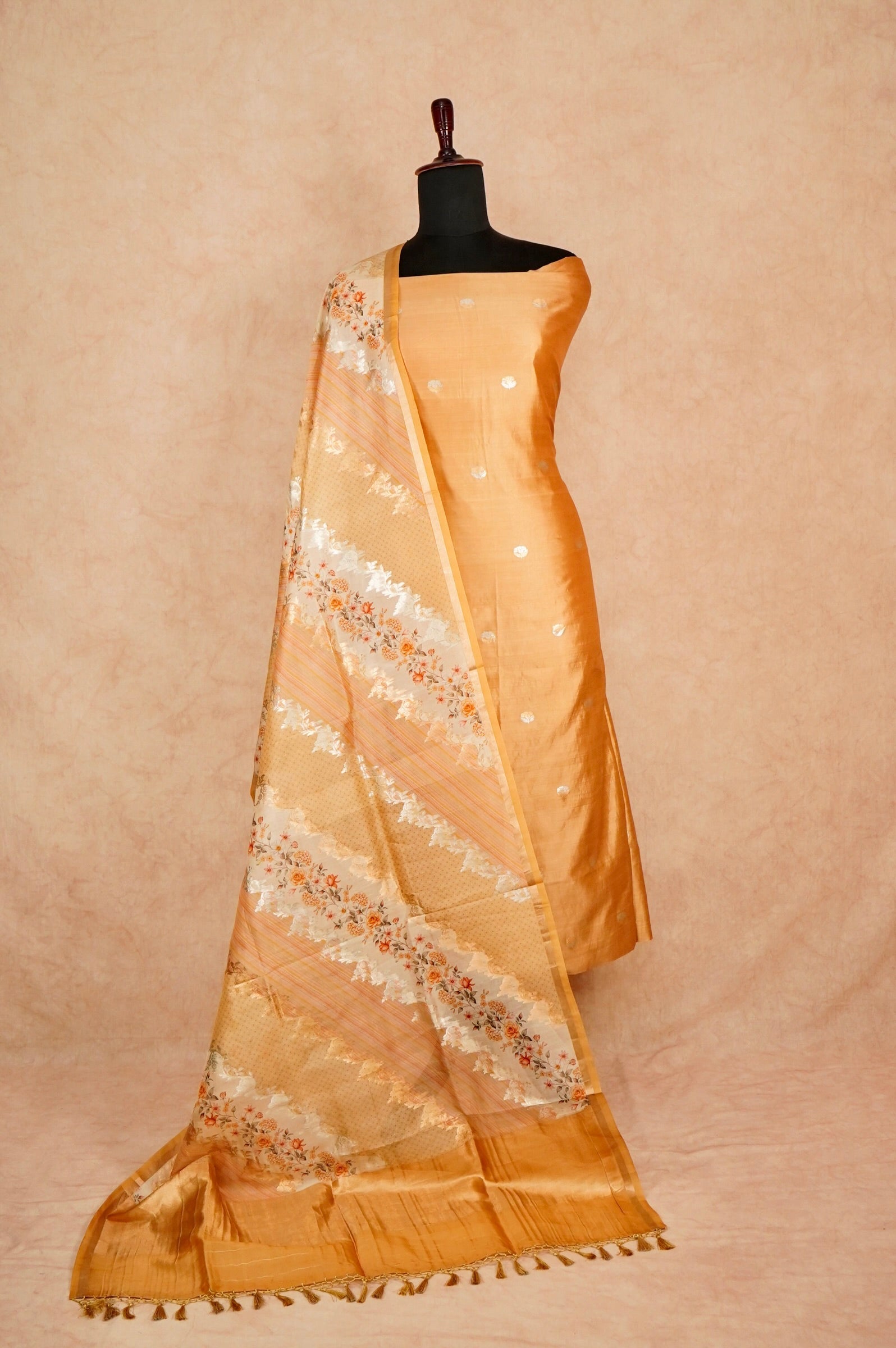 Handwoven Pastel Orange Banarasi Monga Silk Suit