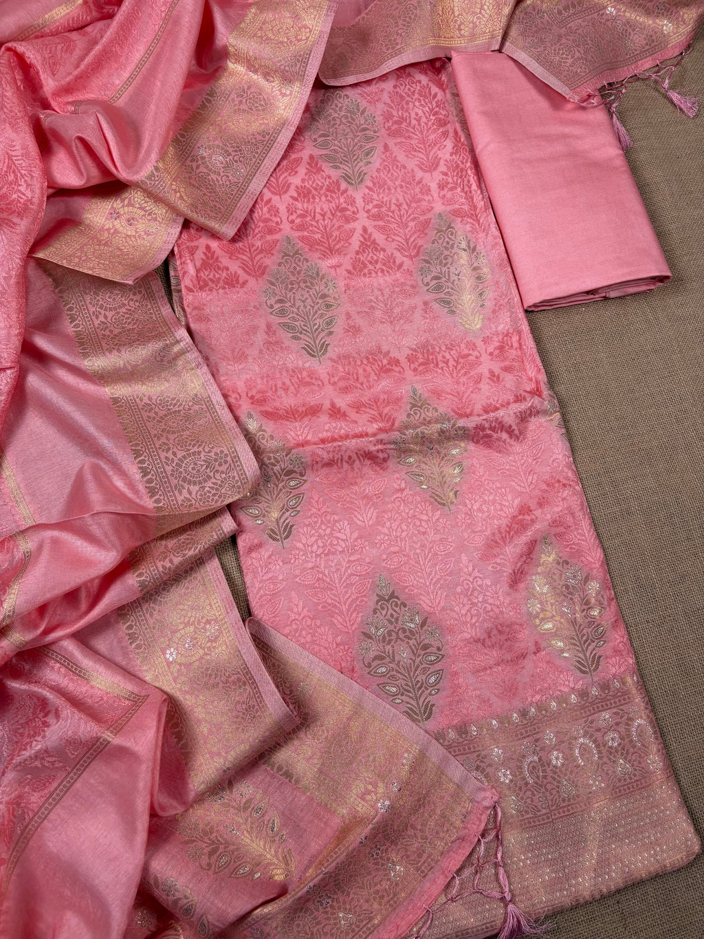 Pink Banarasi Semi Katan Jamdani Silk Suit