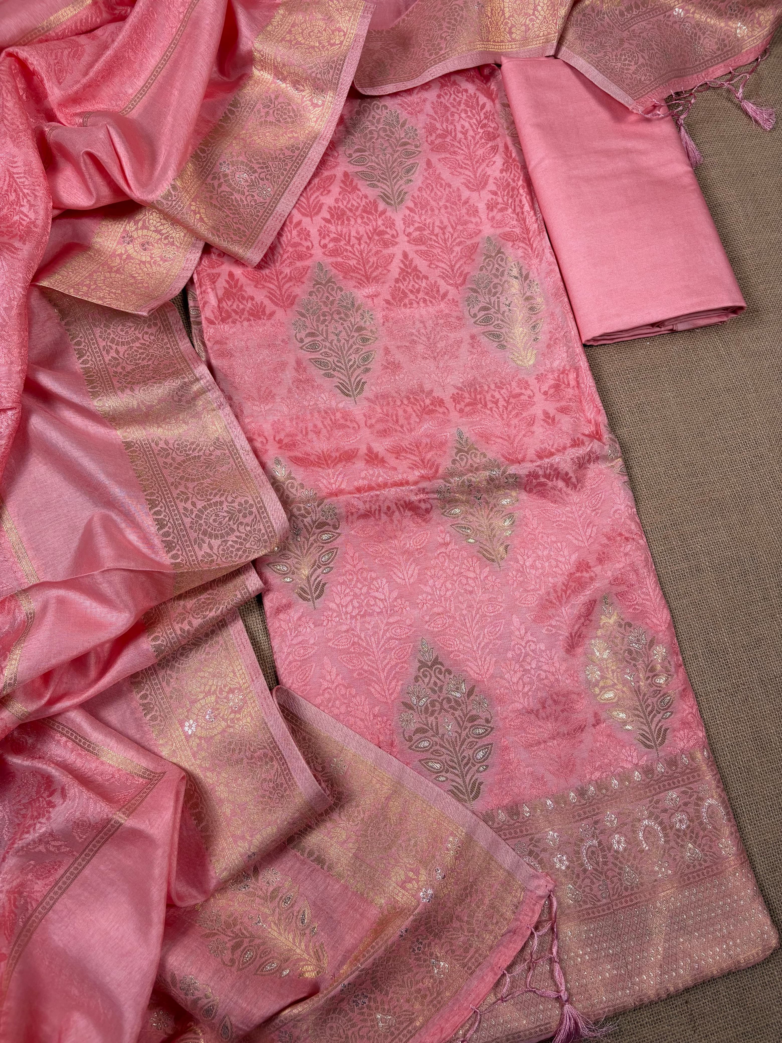 Pink Banarasi Semi Katan Jamdani Silk Suit