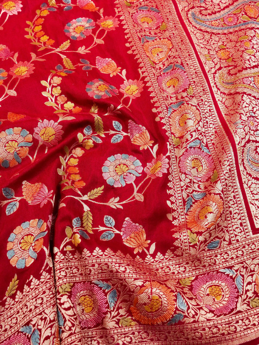 Handwoven Red Blue Banarasi Monga Silk Saree