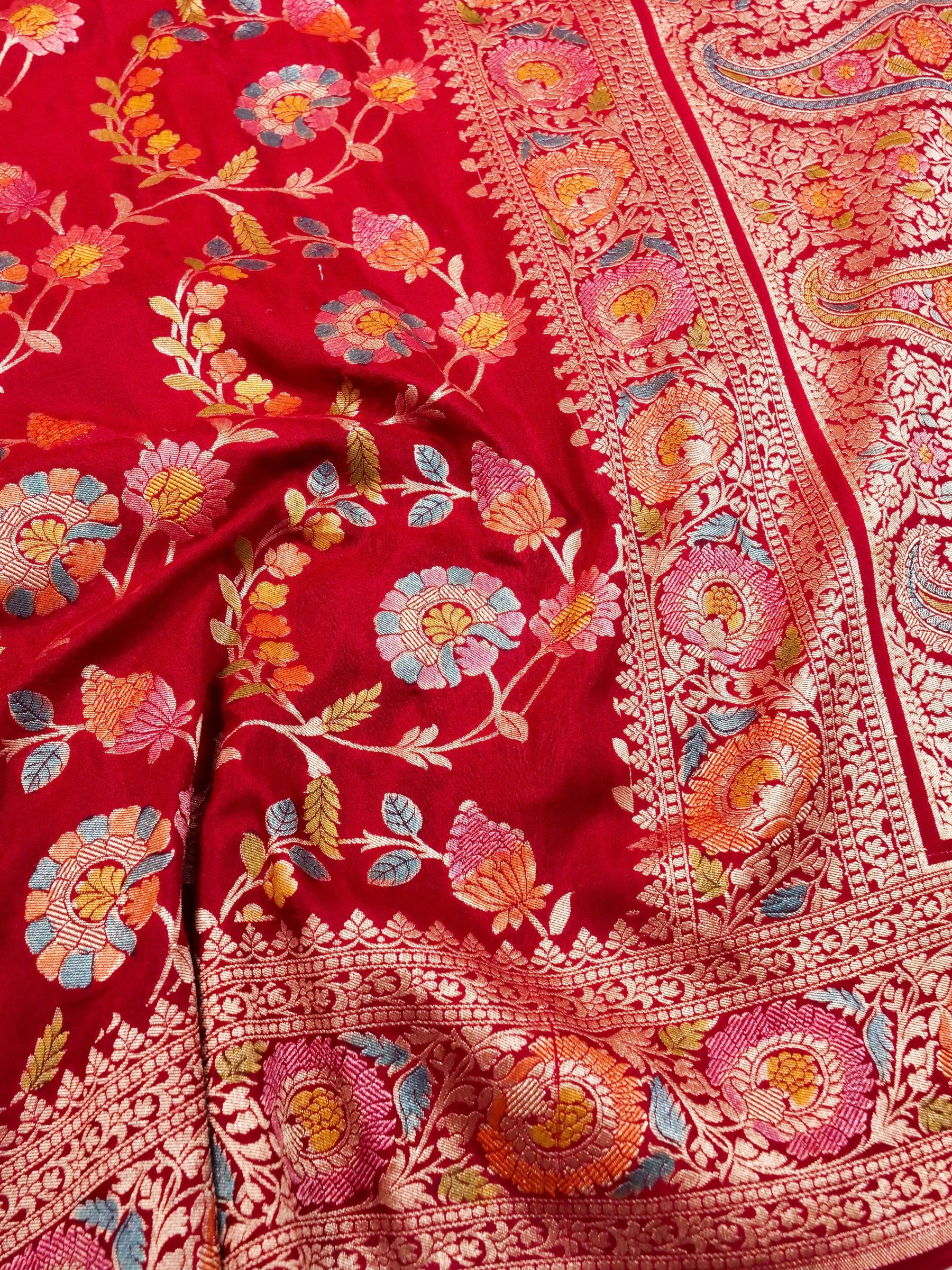 Handwoven Red Blue Banarasi Monga Silk Saree