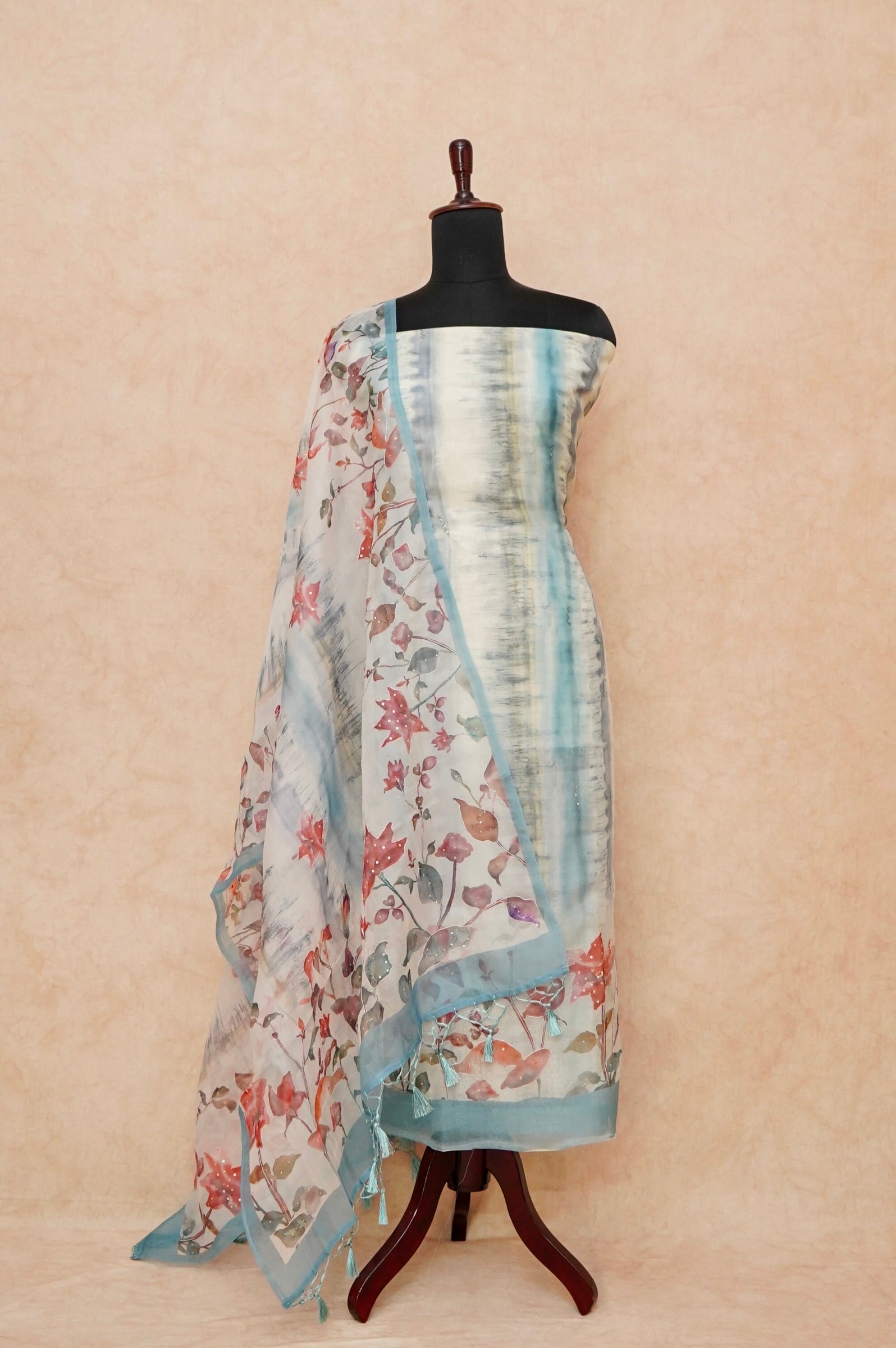 Handwoven Sky Blue Banarasi Organza Silk Suit