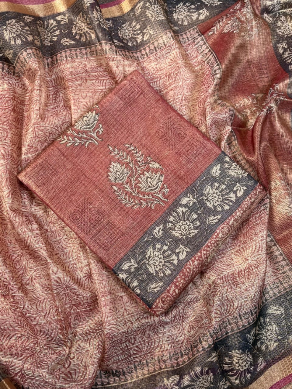 Brick Red Banarasi Kora Tissue Suit