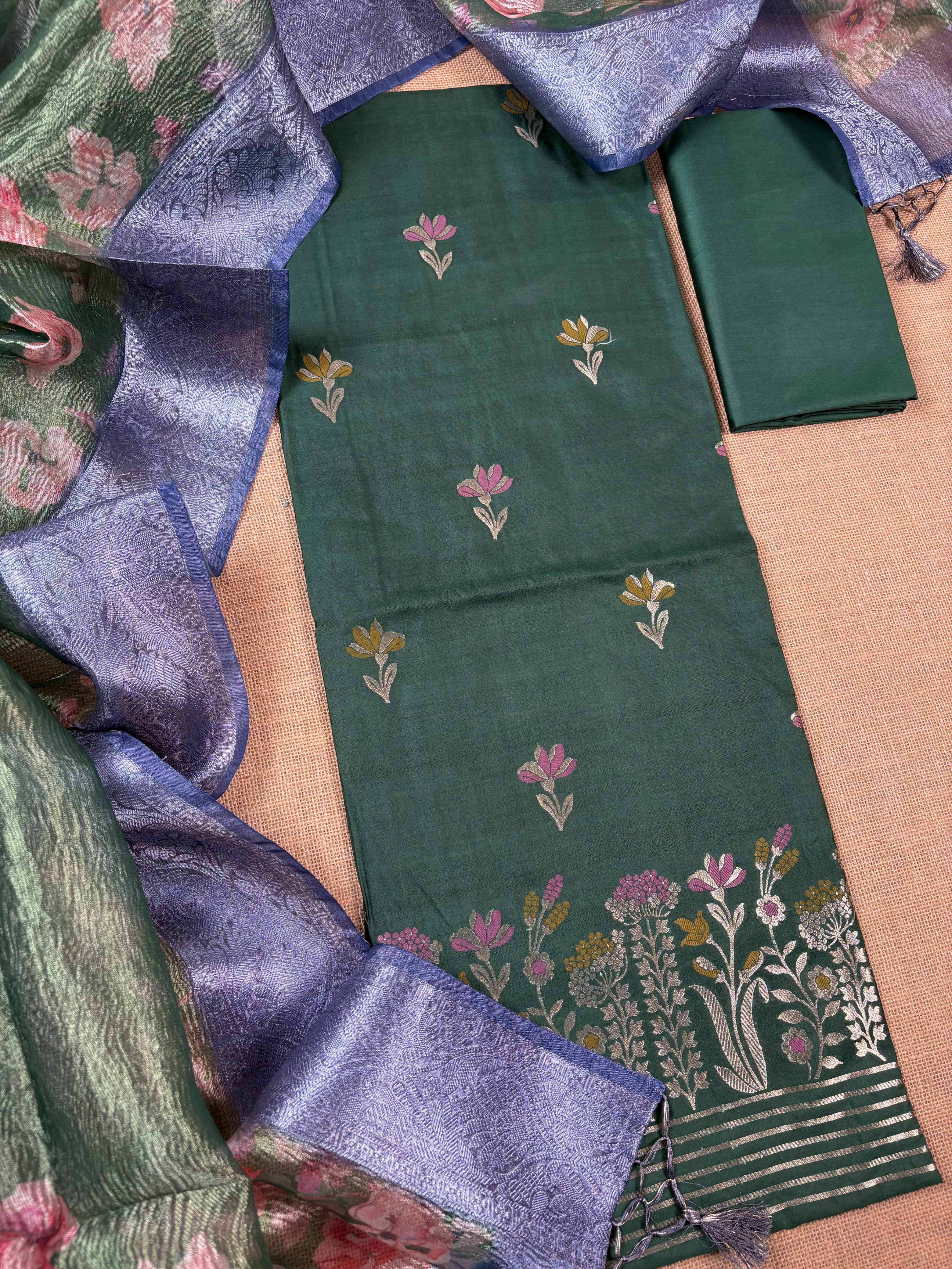 Bottle Green Banarasi Organza Silk Suit